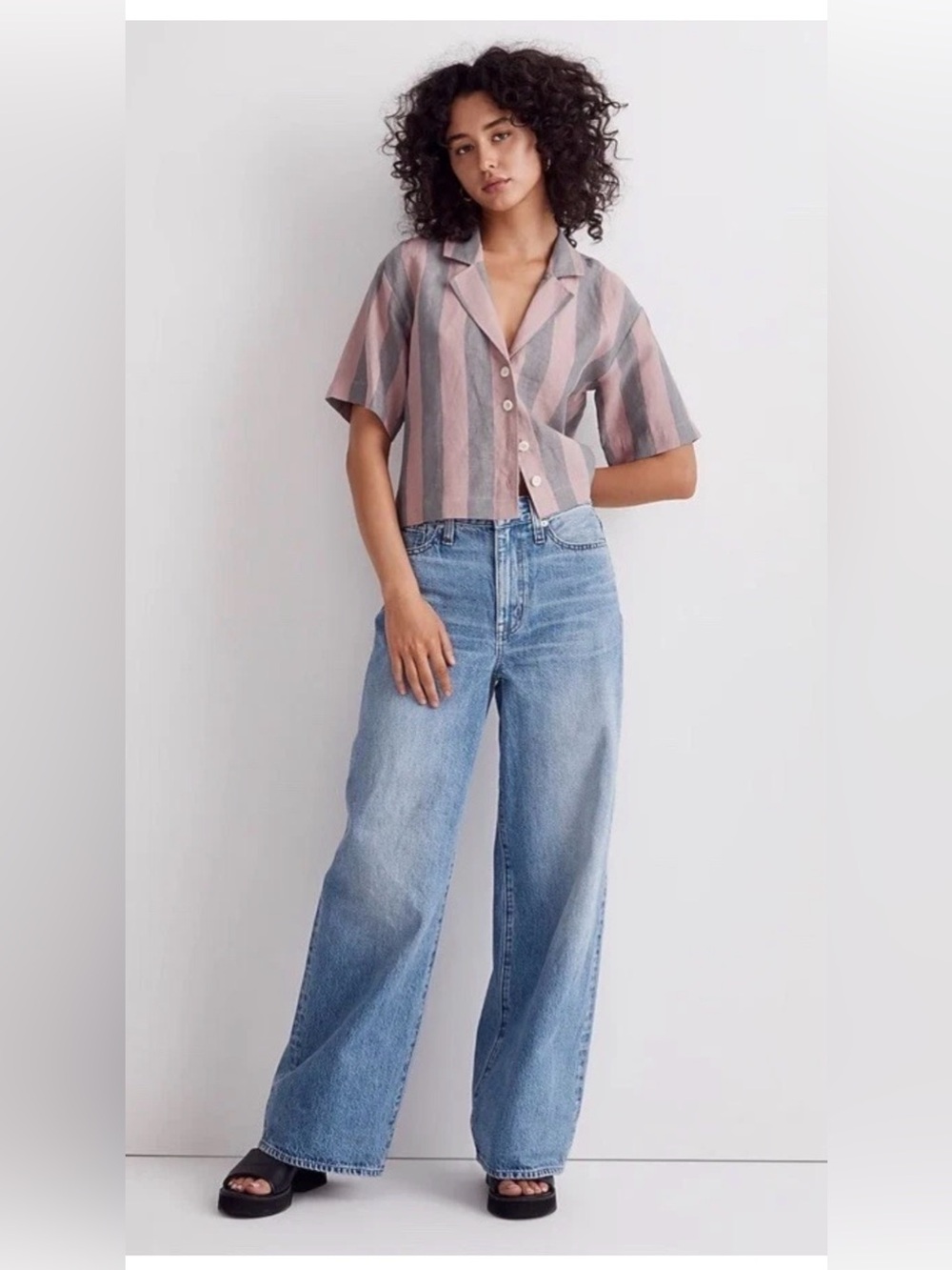 Madewell 100% Linen Resort Crop Button Front Shirt Springy Stripe Size S